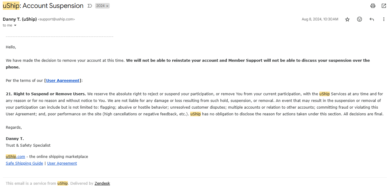 My uShip suspension notice